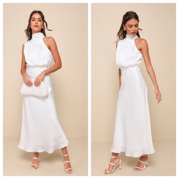 New! Lulu's Distinctive Charm White Satin Asymmetrical Midi Dress 16684 - Picture 4 of 16